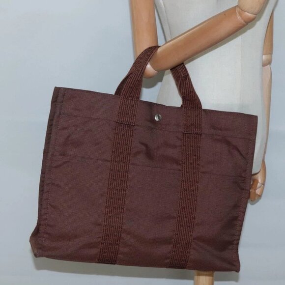 HERMES Her Line MM Tote Bag Canvas Brown Silver Auth bs28518 - Picture 15 of 16